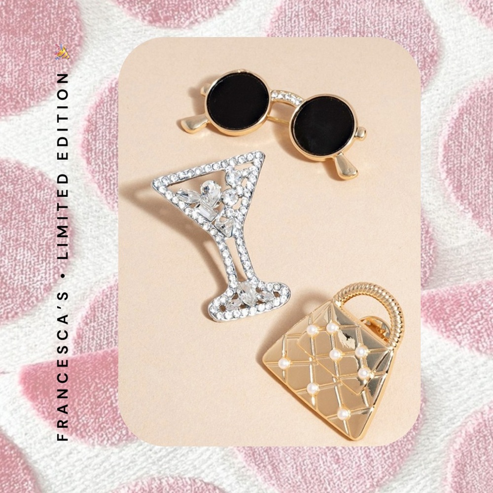 🆕 limited edition 3 piece brooch set sunglasses, martini, handbag